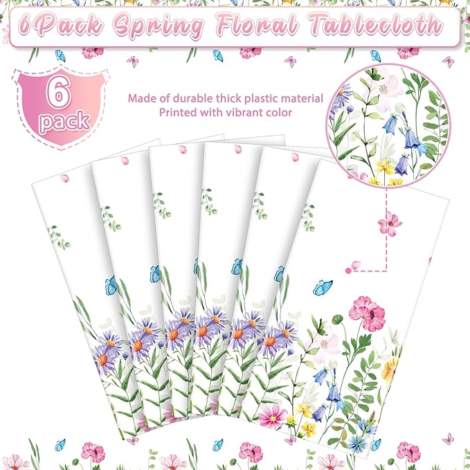 6Pcs Spring Floral Plastic Tablecloth,Pink Purple Blue Flower Butterfly Disposable Table Cover for Home Decor Summer Spring Picnic Dining Holiday Weeding Birthday Tea Party Decorations,54x108 Inch