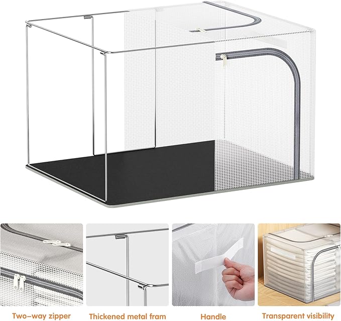 Bubimon Large Size 66L 3 Pack Clothes Storage Bin with Metal Frame, Stackable & Foldable Box with Lids, Closet Organizers And Storage For Bedding, Cap, Sweater (Fully Transparent)