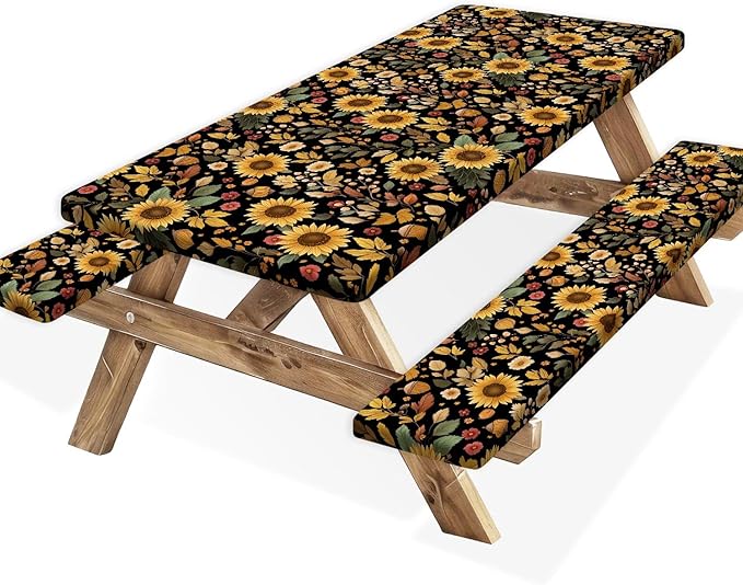 Picnic Table Cover with Bench Covers, Camping Essentials, Sunflower Flower Leaves Waterproof Windproof Patio Table Cover, Fitted Tablecloth Cover with Elastic Edge for Indoor Outdoor 3 PCS 30x72 Inch