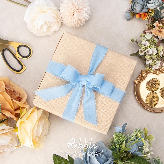 Ribbli 3 Rolls Blue Ribbon 1 Inch x 18 Yards Light Blue Baby Blue Dusty Blue Handmade Cotton Frayed Fringe Ribbons for Gift Wrapping Wedding Invites Bridal Bouquets Baby Shower DIY Crafts Home Decor