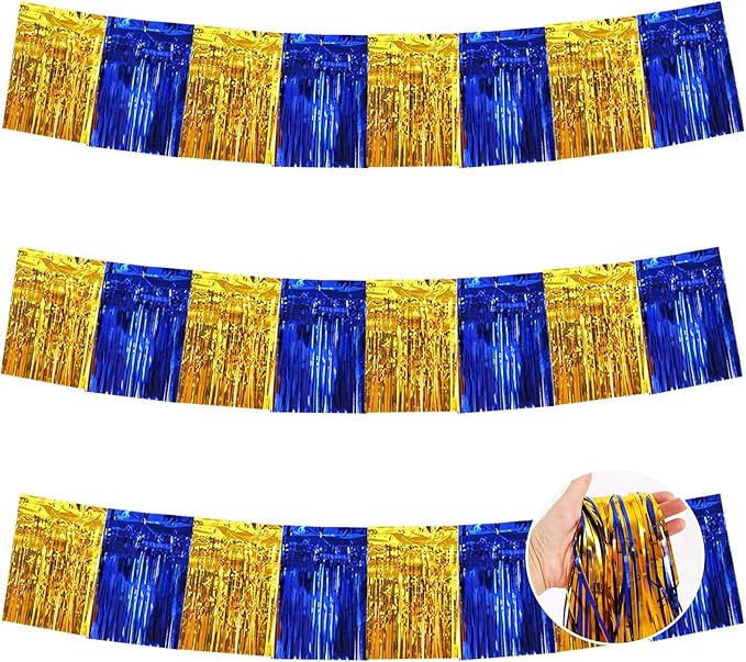 BEISHIDA 3 Packs Metallic Foil Fringe Garland Blue Gold Wall Hanging Tinsel Fringe Banners for Car Floats Bridal Shower Wedding Birthday Easter Graduation Holiday Party Decoration(30 Feet)