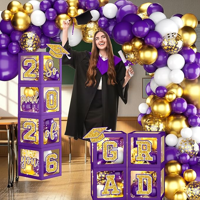 Graduation Decorations Class of 2026, Purple and Gold Graduation Decorations 2026, Purple Boxes Balloon Arch with Letters So Proud of You Grad 2026 for Memorable College Graduation Party Supplies