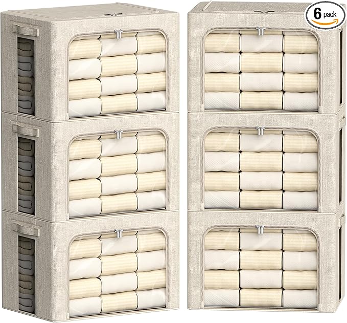 FHSQX 6 Pack Clothes Storage Bins with Metal Frame 100L Foldable Storage Bins for Clothes Linen Fabric Storage Box with Clear Window (Beige, 23.6x16.5x15.7inch(100L))
