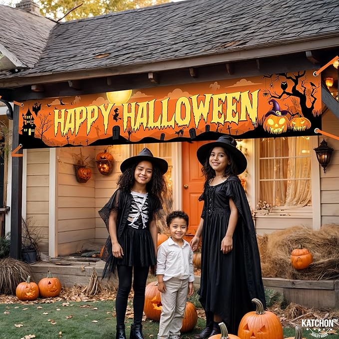 Katchon, Happy Halloween Banners For Outside-120x20 Inch Orange And Black Yard Sign | Halloween Decorations Outdoor Banner | Summerween Party Decorations | Happy halloween Banner