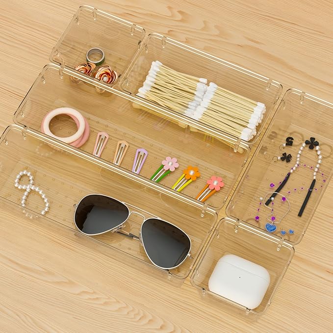 WOWBOX 12 Pack Clear Drawer Organizer Set, Acrylic Drawer Storage Trays, Storage Bins for Makeup, Cosmetics, Jewelries, Utensils, Gadgets, Office, Champagne