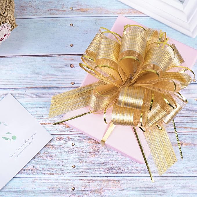 20 PCS Large Pull Bow Gift Wrapping Bows, Pull Bow with Ribbon for Wedding Gift Baskets, Party Gift Wrap Bows, Presents Decorating Bows (Gold)