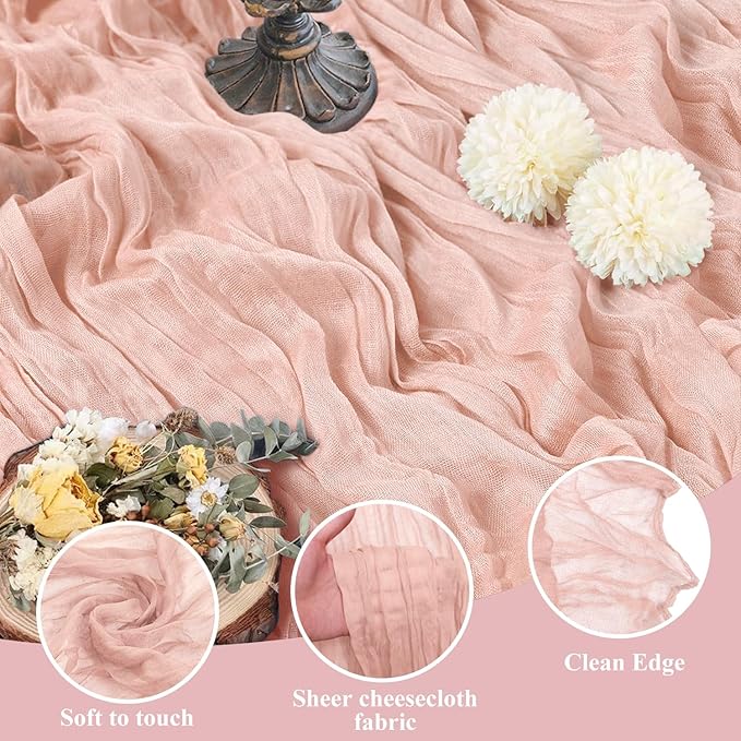 Asee'm 6pcs Cheesecloth Table Runner 120 Inches Dusty Pink Boho Gauze Cheese Cloth Runner 10FT Rustic Sheer Table Runners for Summer Wedding Baby Shower Holiday Party Decoration