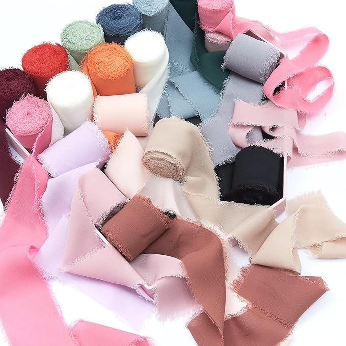 4 Rolls Orange Handmade Fringe Chiffon Silk Ribbon 1" W x 5Yd Per Roll,Frayed Edges Ribbon Set for Gifts Wrapping,Wedding Invitations,Bouquets,DIY Crafts (1" x20Yd, Orange)