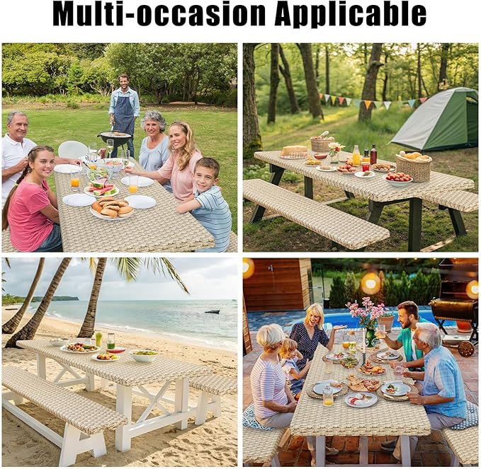 Smiry Picnic Table Cover with Bench Covers, Waterproof Elastic Fitted Tablecloth for 6 Foot Tables, Washable Polyester Tablecloths for Camping, Indoor & Outdoor (Champagne, 30x72 Inch 3-pc Set)