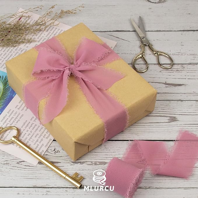 Rosy Mauve Chiffon Ribbon - 1.5 Inch x 21 Yards, Handmade Fringe, Silk, Boho Frayed, Perfect for Gift Wrapping, Wedding Invitations, Bridal Flower Bouquets