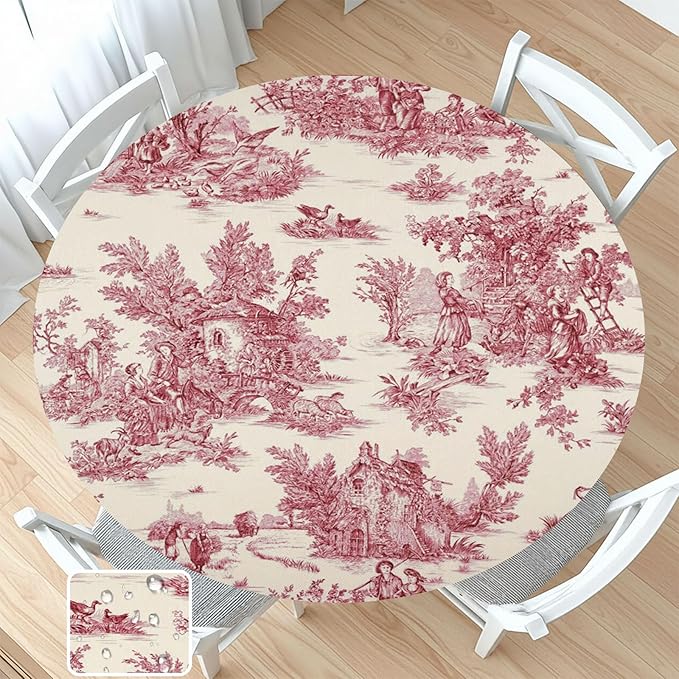 French Country Round Fitted Tablecloth with Elastic Vintage Red Circle Table Cloth for 44-48" Round Tables Wipeable Waterproof Rustic Burgundy Pink Village Table Cover for Dining Patio Picnic Decor