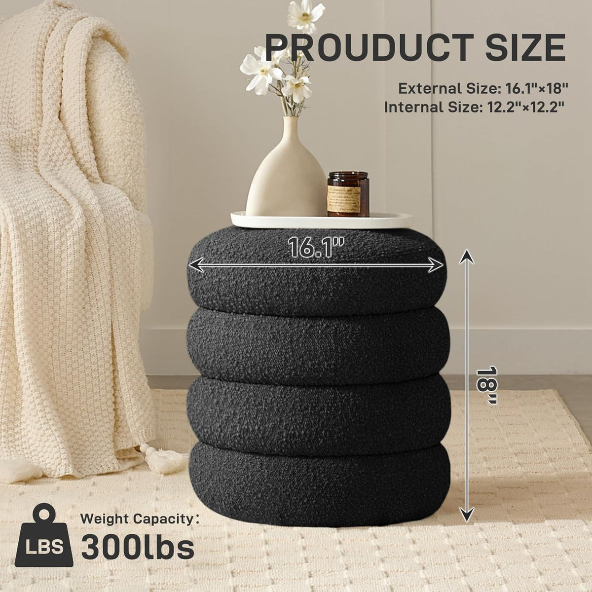 Round Ottoman with Storage Boucle Ottoman Stool with Storage Removable Lid for Living Room Modern Vanity Sorage Stool Foot Rest Bedroom Dorm Gifts Set of 2 (Black)