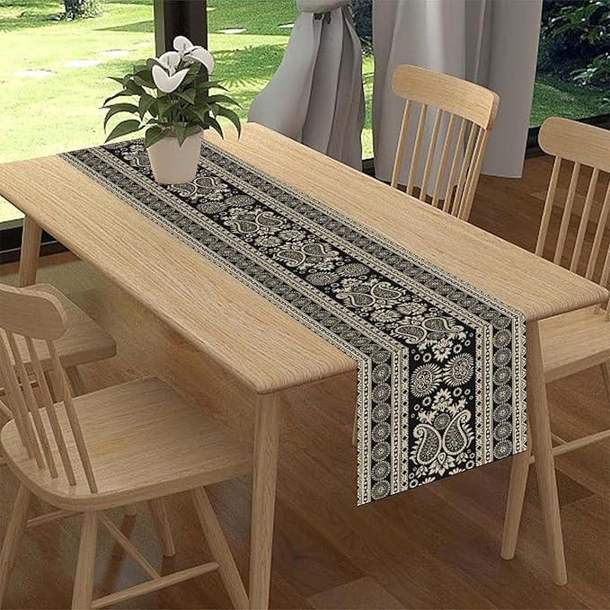 Black Paisley Table Runner, Rustic Damask Antique Floral Flower Retro Boho Swirled Pattern Coffee Vintage Table Center Decor for Family Kitchen and Living Room Outdoor Table Decorations, 13" X 108"