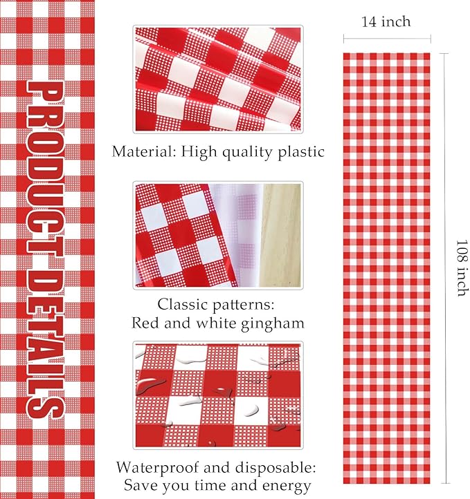 3 Pcs Red and White Checkered Table Runner Plastic 14 x 108 Disposable Gingham Table Runner for Birthday Wedding Baby Shower Christmas Party Table Centerpiece Decorations