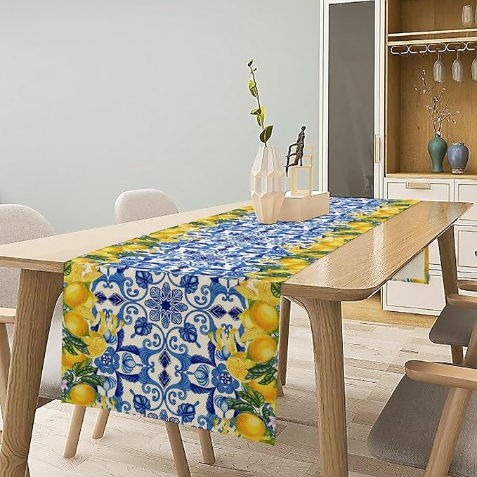 Blue Lemon Table Runner, Italy Tile Yellow Lemon Fruit Table Runners for Farmhouse Coffee Home Kitchen Dining Party Patio Indoor Outdoor 13x90in