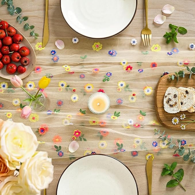 Artoid Mode Beige Apricot Wildflower Floral Gauze Embroidery Table Runner 120 Inch 10FT, Tulle Seasonal Spring Kitchen Dining Table Decor for Home Party