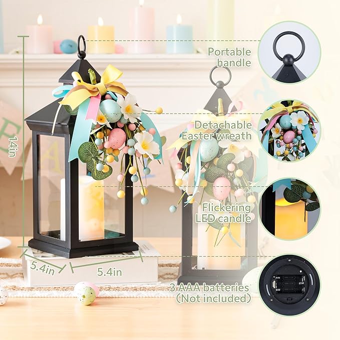 Easter Lanterns Decorative Indoor & Outdoor, 14 Inch Black Candle Lanterns with Timer Waterproof, Hanging Spring and Easter Lantern Decor for Home, Table, Porch, Patio, 2 Pack