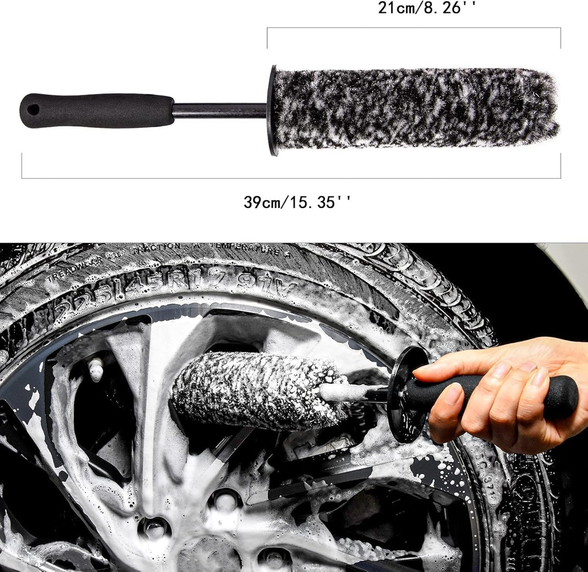 Car Wheel Rim Brush Kit, Woolies Wheel Brush, Car Cleaning Brush Fiber Rod, Steel Ring Fiber Cleaning Brush, Long Non-Slip Handle Clean Brush