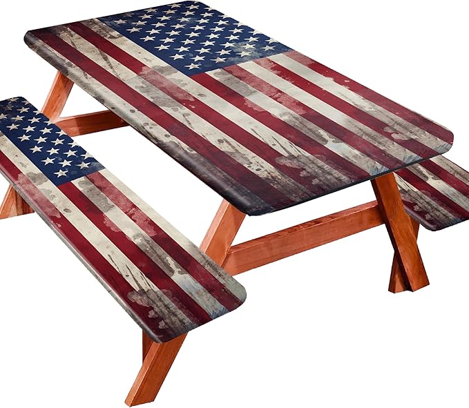 Picnic Table Cover with Bench Covers 6FT 3PCS, Camping Essentials, Fitted Camping Tablecloth Waterproof and oilproof with elastic Edge for Indoor Outdoor Patio, Retro American Flag (72inch)