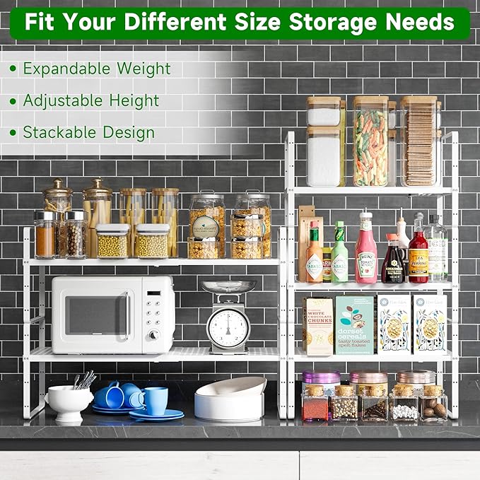 Expandable Kitchen Cabinet Shelf Organizer Rack Heavy Duty Metal Spice Rack Stackable Counter Storage Shelf for Kitchen Cabinet Pantry Bathroom (White - 16.5"-27" L x 10.2" W x 9.6" H - 1Pack)