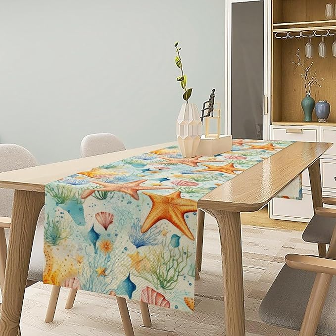 Starfish Conch Shell Table Runners, Season Coastal Marine Life Table Runners for Kitchen Dining Outdoor Home Party 13x108in
