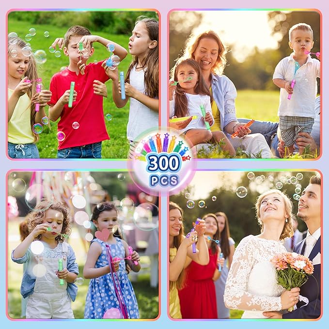 300 Piece Mini Bubble Wands in 10 Colors, Party Favors Bulk for Kids, Themed Birthday, Carnival, Wedding, Classroom Prizes, Summer Outdoor Gifts for Boys Girls, Ideal Goodies Bags Stuffer