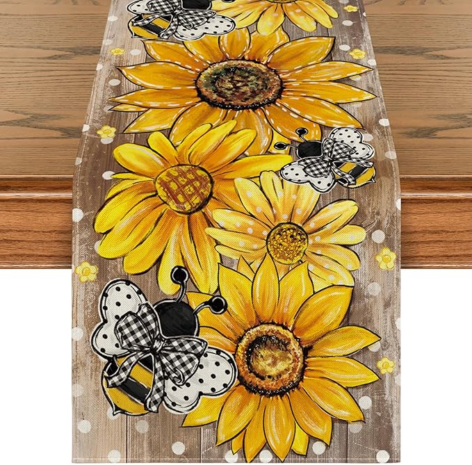 Artoid Mode Wood Sunflower Bee Flower Polka Dot Summer Table Runner, Seasonal Kitchen Dining Table Decoration for Indoor Party Home 13x72 Inch