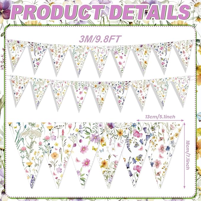 5 Pieces Wildflower Baby Shower Decorations Spring Wildflower Garland Paper Pennant Wedding Garland Triangle Banner for Wedding Bridal Shower Outdoor Decoration