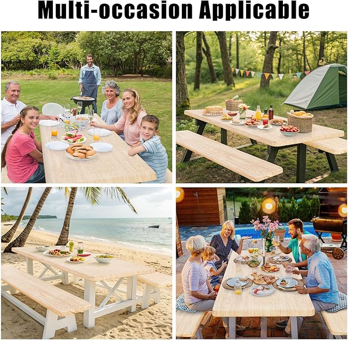 Smiry Picnic Table Cover with Bench Covers, Waterproof Elastic Fitted Tablecloth for 8 Foot Tables, Washable Polyester Tablecloths for Camping, Indoor & Outdoor (Ivory, 30x96 Inch 3-pc Set)