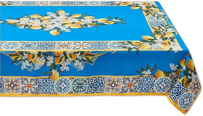 YiHomer Provence Blue Lemon Mediterranean Tile Tabletop for Spring Summer Decorations, Picnics and Dinner Parties - Indoor Outdoor, Stain and Water Resistant, Tablecloth, 60 x 102 Rectangle