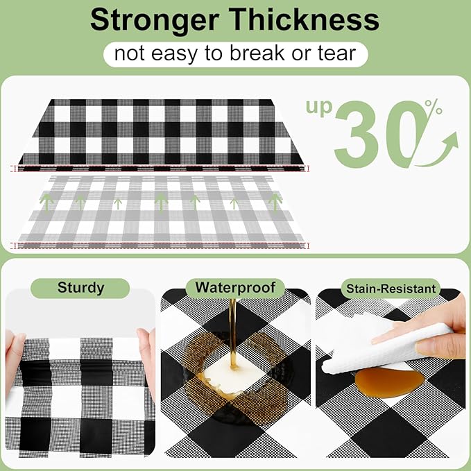 Smiry 3 Pack Black Gingham Disposable Tablecloths - 54" x 108" Heavy Duty Plastic Table Cloth, Waterproof Buffalo Plaid Table Covers for Picnic, Banquets, Outdoor Parties