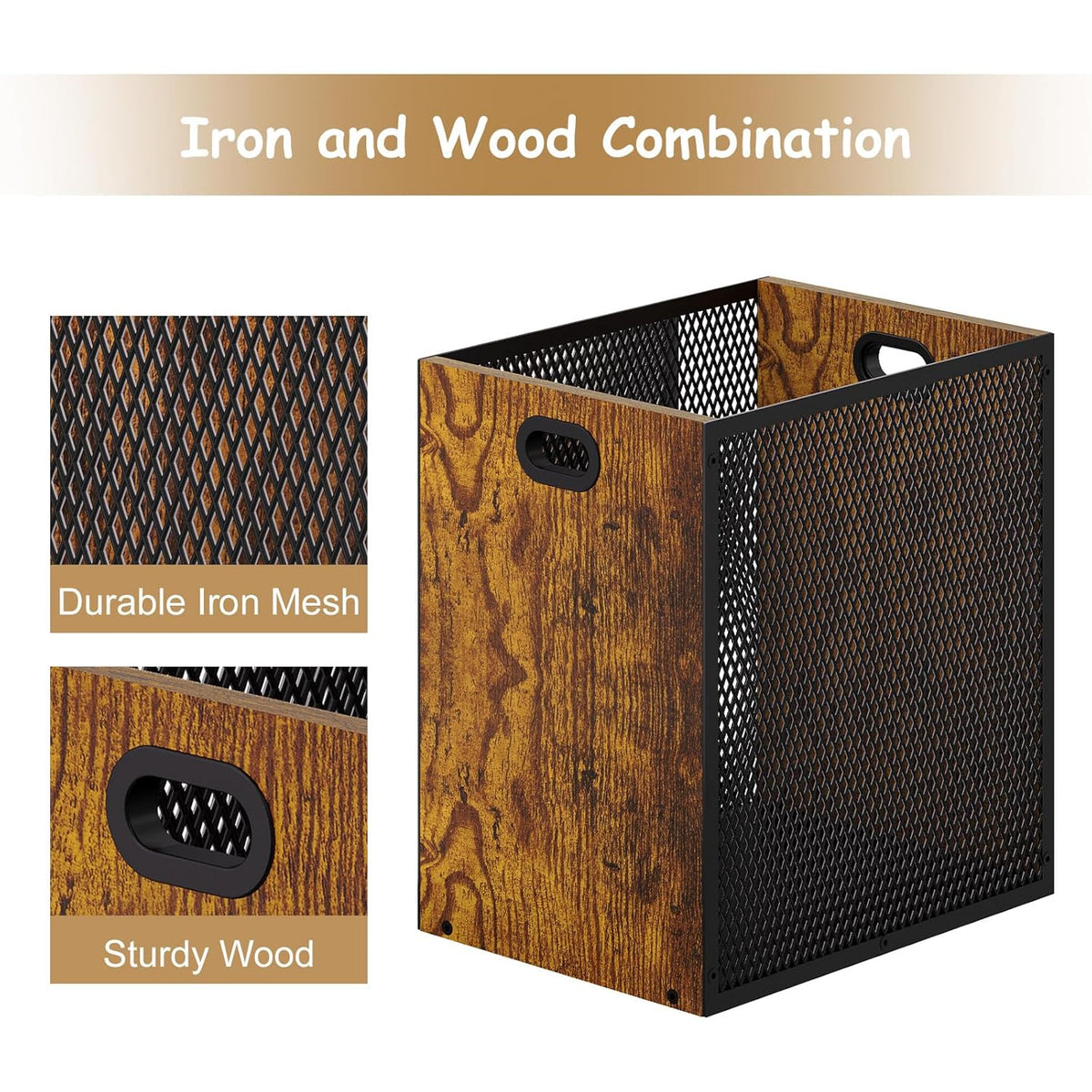 Retro Office Trash Can, Iron and Wood Combination Bedroom Garbage Can, Rectangular Design Wastebasket with Handle, Industrial Style Trash Can for Home Office, 11.02" X 7.87" X 11.81" 4.5 Gallon (2)