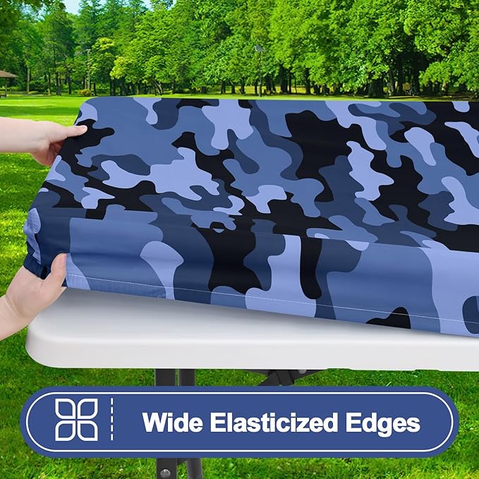 Smiry Picnic Table Cover with Bench Covers, Waterproof Elastic Fitted Tablecloth for 6 Foot Tables, Washable Polyester Camouflage Tablecloths for Camping & Indoor (Ocean Blue, 30x72 Inch 3-pc Set)