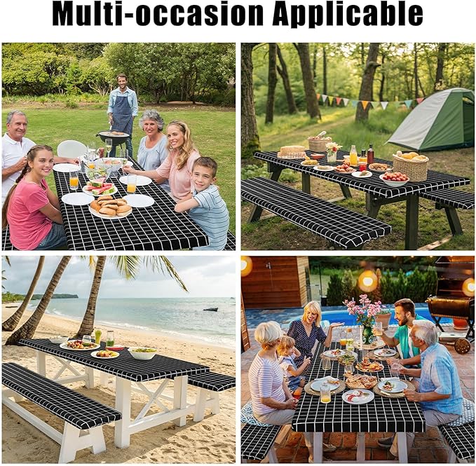 Smiry Picnic Table Cover with Bench Covers, Waterproof Elastic Fitted Tablecloth for 5 Foot Tables, Washable Polyester Tablecloths for Camping, Indoor & Outdoor (Black & White, 30x60 Inch 3-pc Set)