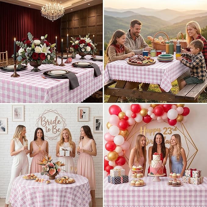 2 Pack Pink Gingham Tablecloths, Pink and White Checkered Tablecloths Disposable Plastic Pink Plaid Table Cover for Easter Mother's Day Wedding Birthday Anniversay Baby Bridal Shower