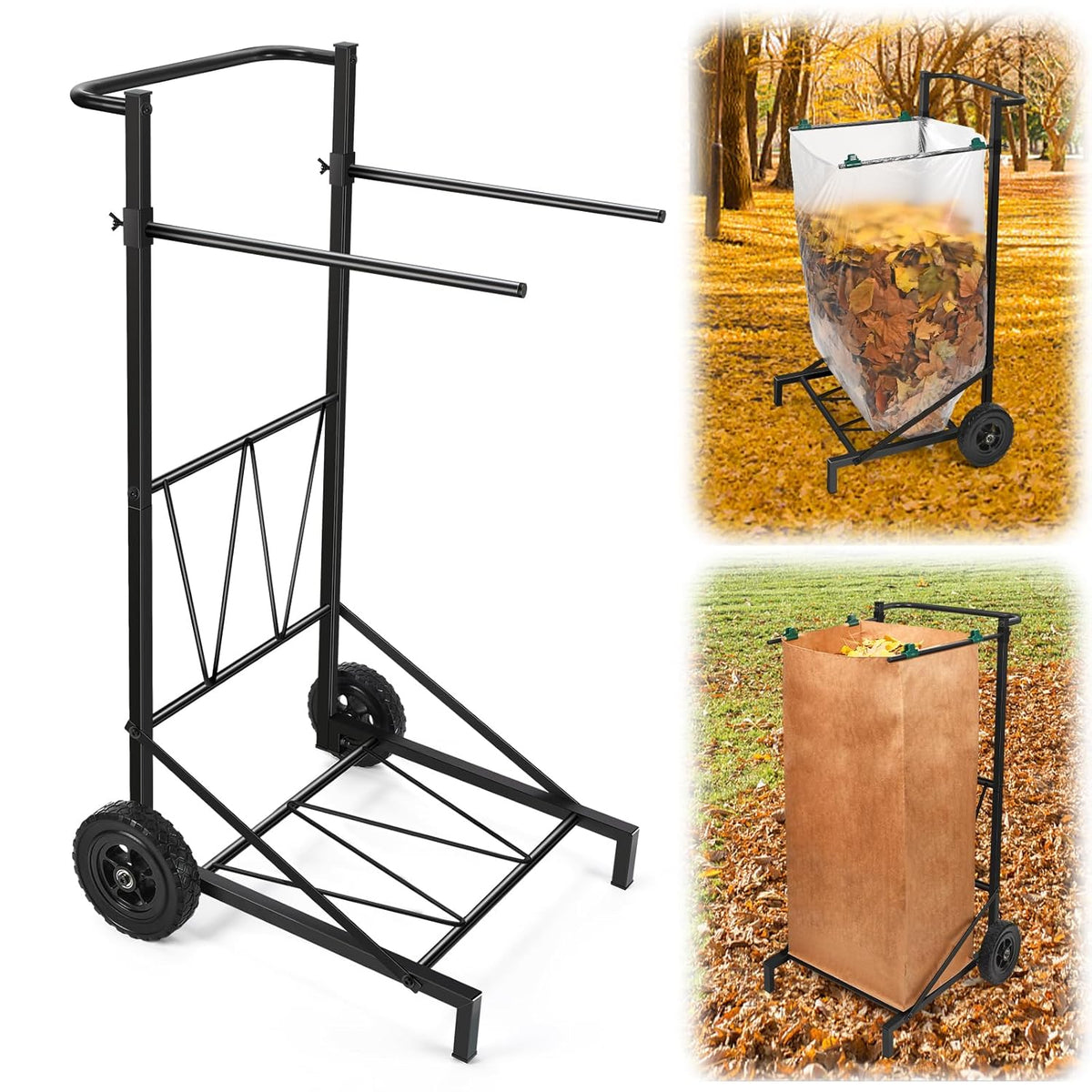 CAROD Trash Bag Holder, Adjustable Metal Leaf Bag Holder from 30-45 Gallon Capacity, Mobile Garbage Bags Cart, Outdoor Garden Leaf Bags Stand for Yard & Lawn Cleanup, Gardening, Camping, Parties