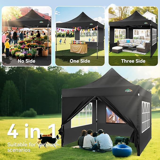 COBIZI 10x10 Heavy Duty Pop Up Canopy Tent with 4 Sidewalls Thicken Frame, Commercial Easy Up Outdoor Wedding Party Tents, All Season Waterproof Windproof with Stakes Sandbags Ropes Roller Bag, Black