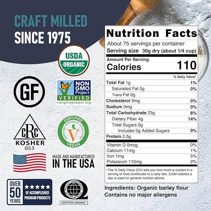 Great River Milling Organic Barley Flour, Unbleached, Unbromated, Non-GMO, Kosher, High Fiber, Nutty Flavor Perfect for Breads, Pancakes, & More, 5 Lb