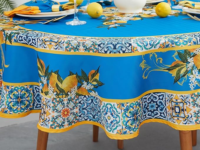 YiHomer Provence Blue Lemon Mediterranean Tile Tabletop for Spring Summer Decorations, Picnics and Dinner Parties - Indoor Outdoor, Stain and Water Resistant, Tablecloth, 70" Round
