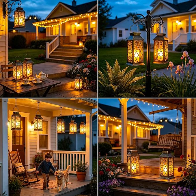 Solar Lanterns Outdoor Waterproof, Flickering Candles Hanging Solar Lights for Outside Garden Patio Wall Porch Decorative, Lamp with Upgraded Solar Panel, Tempered Glass & Clip, Bronze 2 Pack