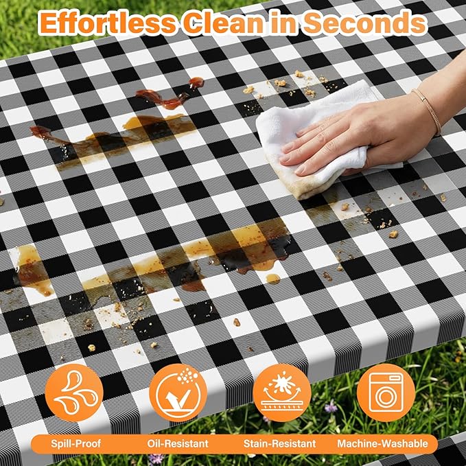HappyTrends Fitted Picnic Table Cover with Bench Covers - 6FT Dual Layer Waterproof Camping Tablecloth with Windproof Elastic Edging & Bag, Washable RV Camping Accessories (96x30in, Black Checkered)