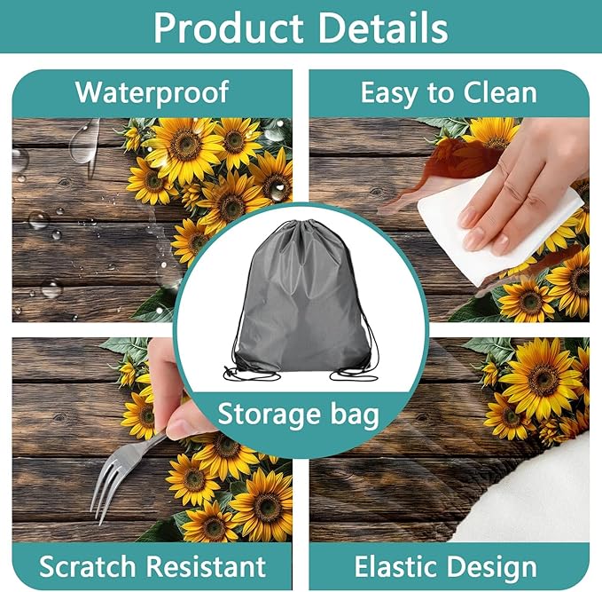 Picnic Table Cover with Bench Covers Wood Sunflower Elastic Outdoor Tablecloth Camping Essentials Waterproof Windproof Camping Tablecloth with Drawstring Bag, Fitted Rectangle Tables Seats 72X30in