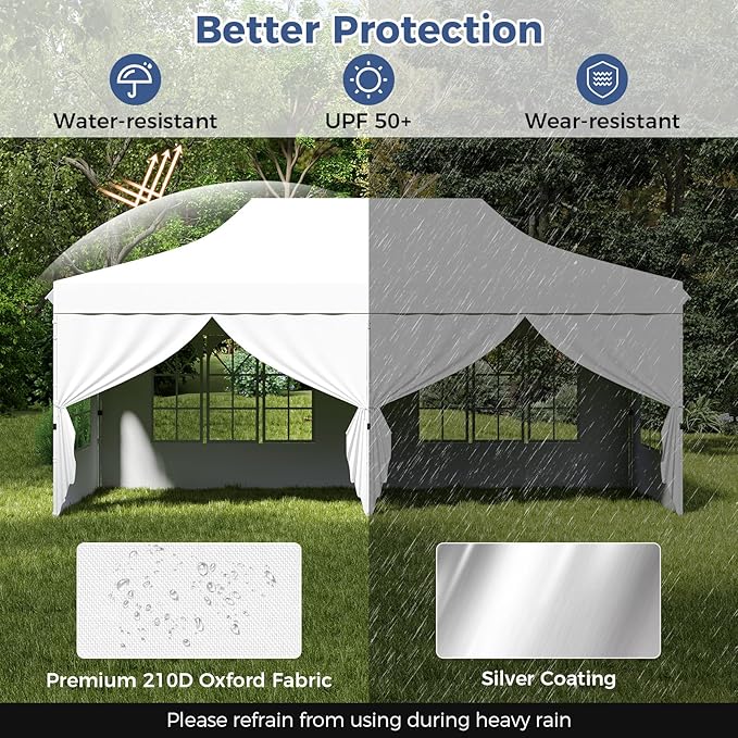 Tangkula 10x20 Ft Pop Up Canopy, UPF 50+ Portable Outdoor Canopy Tent with with 6 Removable Sidewalls, 6 Sandbags, 2 Zippered Door, Windows, Carrying Bag for Party, Wedding, Backyard