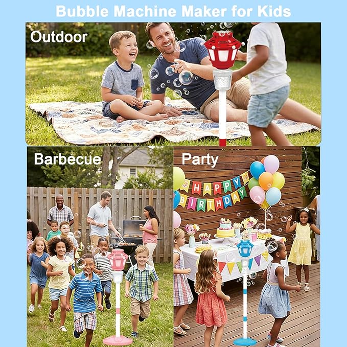 Bubble Machine Maker with Light and Music, Automatic Bubble Blower Summer Bubbles Toys, Rechargeable Automatic Bubble Machine Adjustable Height Outdoor Toy