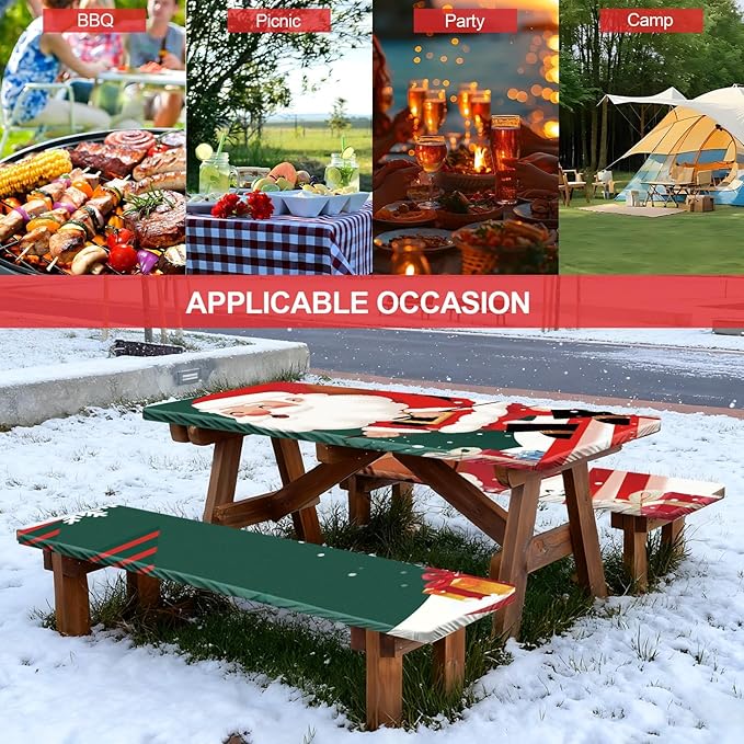 Picnic Table Cover with Bench Covers Set of 3, Elastic Fitted Tablecloth for 6 Foot Tables, Washable Polyester Tablecloths for Camping, Indoor & Outdoor