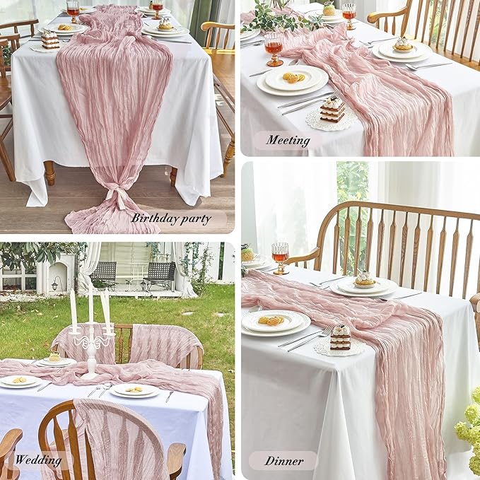IVAPUPU 4 Pcs Cheesecloth Table Runner - 10ft Dusty Pink Spring Boho Gauze Cheese Cloth Table Runners for Baby Shower Decorations Wedding Party Summer Garden Farmhouse Decor