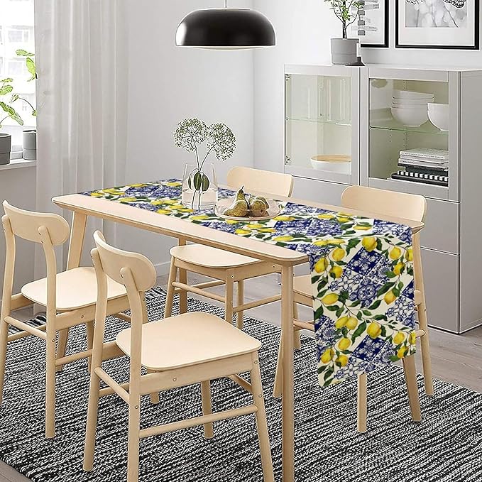 Lemon Fruit Nature Table Runner Farmhouse Talavera Ethnic Folk Rustic Watercolor Blue Dining Table Decoration for Home Holiday Party Dresser Kitchen Cabin Restaurant Wedding Decor 13×120in