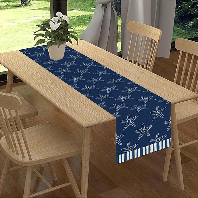 Starfish Table Runner, Summer Coastal Navy Blue Nautical Tropical Rustic Farmhouse Coffee Table Center Decor for Home Kitchen Dining Patio Holiday Party Table Decorations 13"x108"