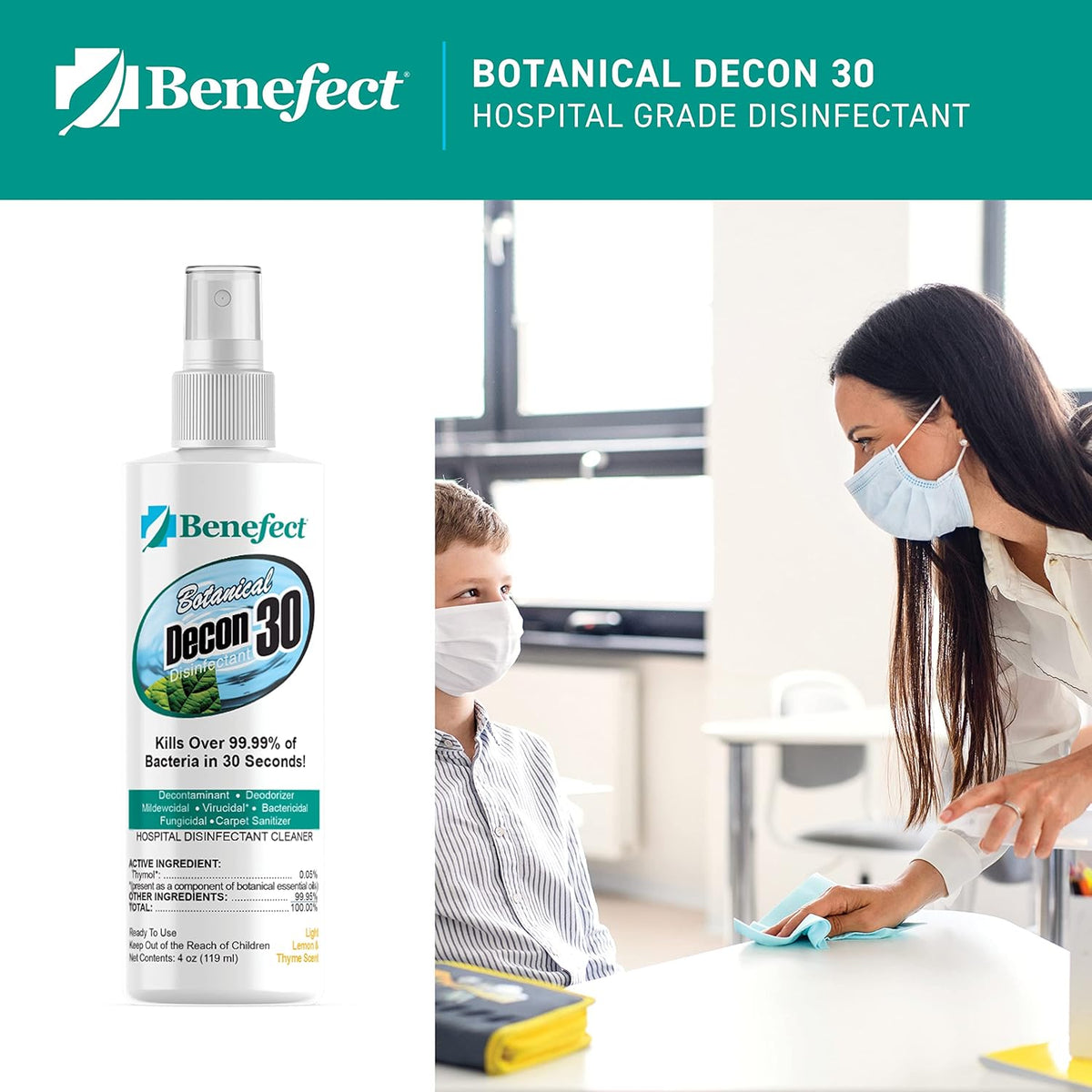Benefect Botanical Decon 30 Disinfectant Cleaner, 4 oz. Spray Bottle, Light Lemon & Thyme Scent, Hospital Grade Disinfectant, Kills Over 99.99% of Germs, Safe for Food-Contact Surfaces
