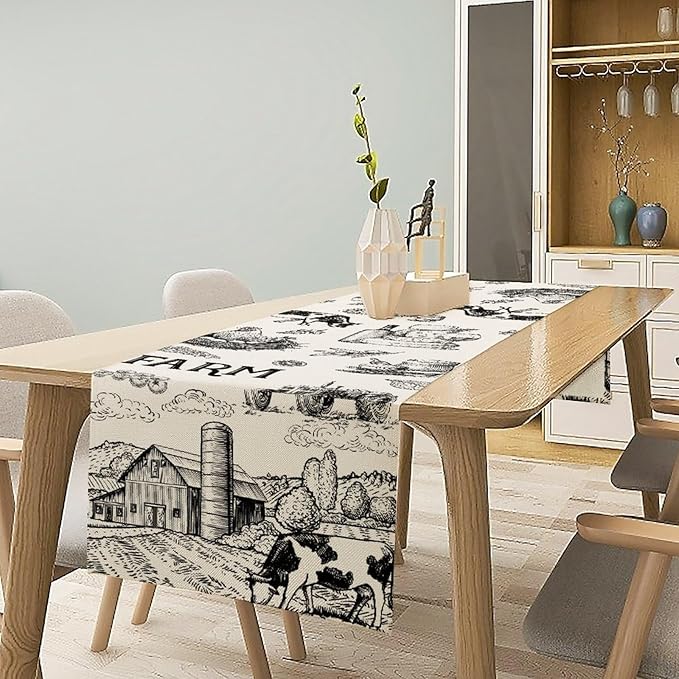 Milk Farm Table Runner, Rustic Farmhouse Animals Fresh Eggs Bread Vegetables Print Table Runner for Farmhouse Kitchen Decor Party Picnic Holiday Dinner, 13x120inch